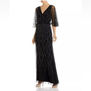ADRIANNA PAPELL Black Embellished Elbow Flutter Sleeve Maxi Formal Dress Reemoly